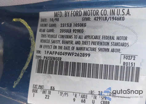 1998 Ford Mustang z USA, uszkodzony, nr VIN 1FAFP4049WF262899